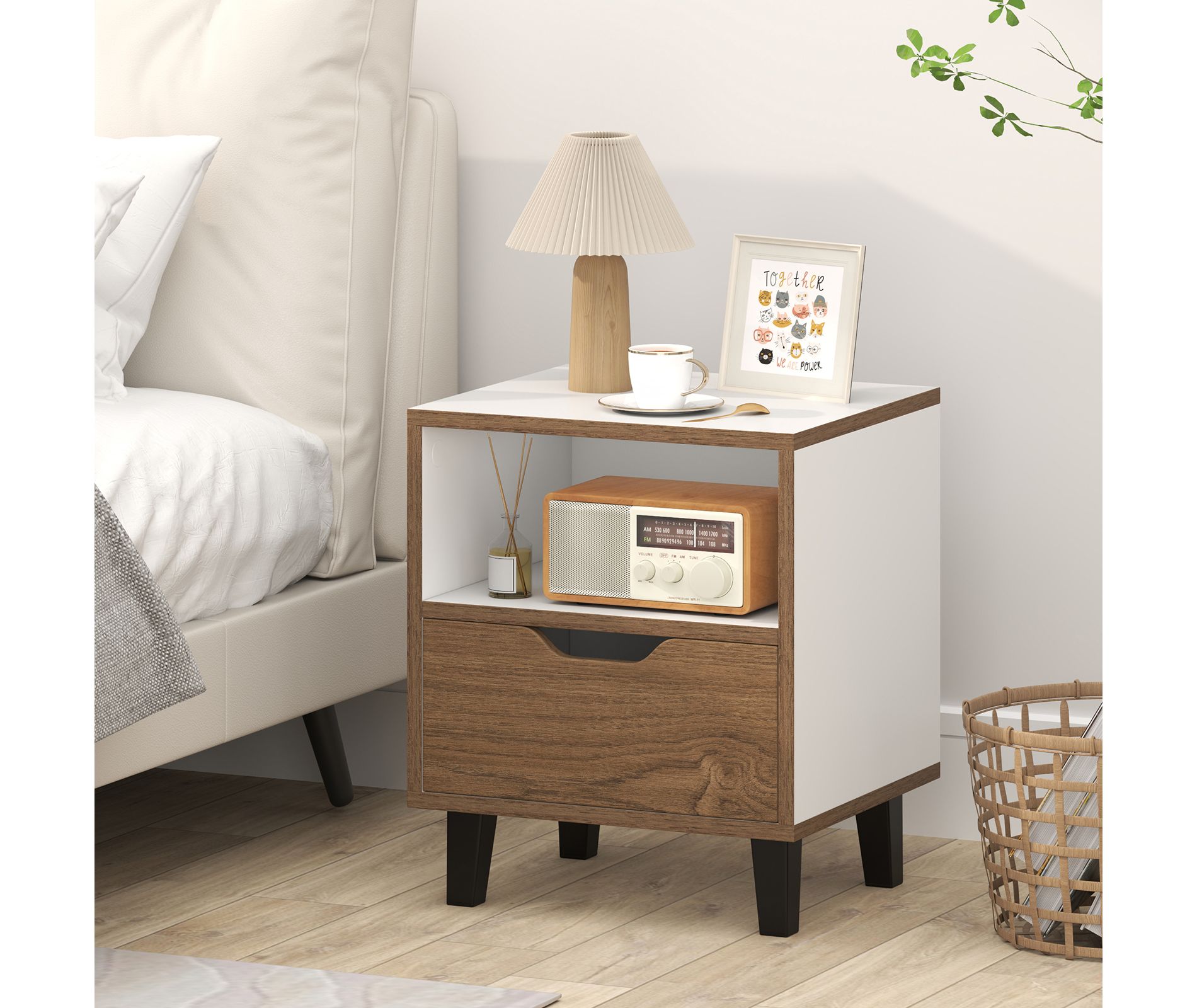 Tangkula Nightstand Mid Century Modern Bedside Table w/ Drawer Open storage Shelf