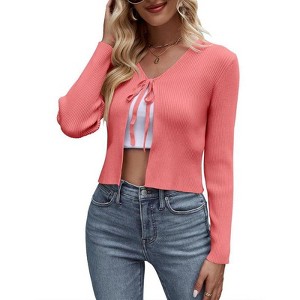 Coolmee Women's Tie Front Cardigan Long Sleeve Rib Knit Shrug for Dress Sweaters Crop Tops Pink Orange M - 1 of 4