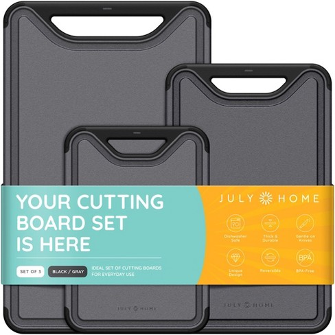 JoyJolt Plastic Cutting Board Set. White and Grey Cutting Boards for Kitchen Dishwasher Safe with Handle. Non Slip Large and Small Chopping Board