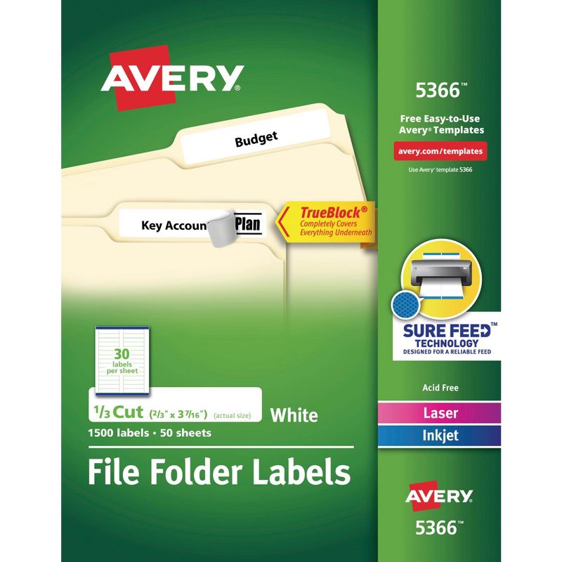 Avery Printable File Folder Labels, 2/3 x 3-7/16 Inches, White, Pack of 1500, 1 of 3
