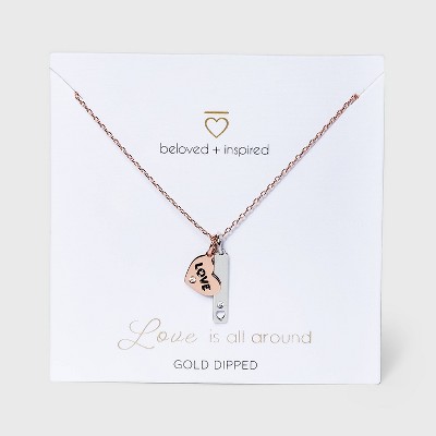 Beloved + Inspired Two-Tone 'Love' Heart Disc and Bar Cluster Chain Necklace