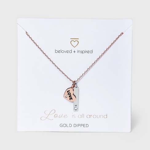 Beloved + Inspired Two-Tone 'Love' Heart Disc and Bar Cluster Chain Necklace