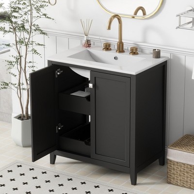 30" Bathroom Vanity with Ceramic Sink Combo, Freestanding Bathroom Cabinet with Top Basin, Single Basin Bathroom Storage Vanity for Small Space