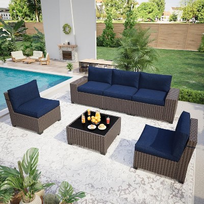 6 Pieces Outdoor Patio Furniture Set, Wicker Furniture Set, Patio Sectional Furniture Set with 5 Seat Cushions and 1 Glass Coffee Table