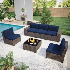 6 Pieces Outdoor Patio Furniture Set, Wicker Furniture Set, Patio Sectional Furniture Set with 5 Seat Cushions and 1 Glass Coffee Table - 1 of 4