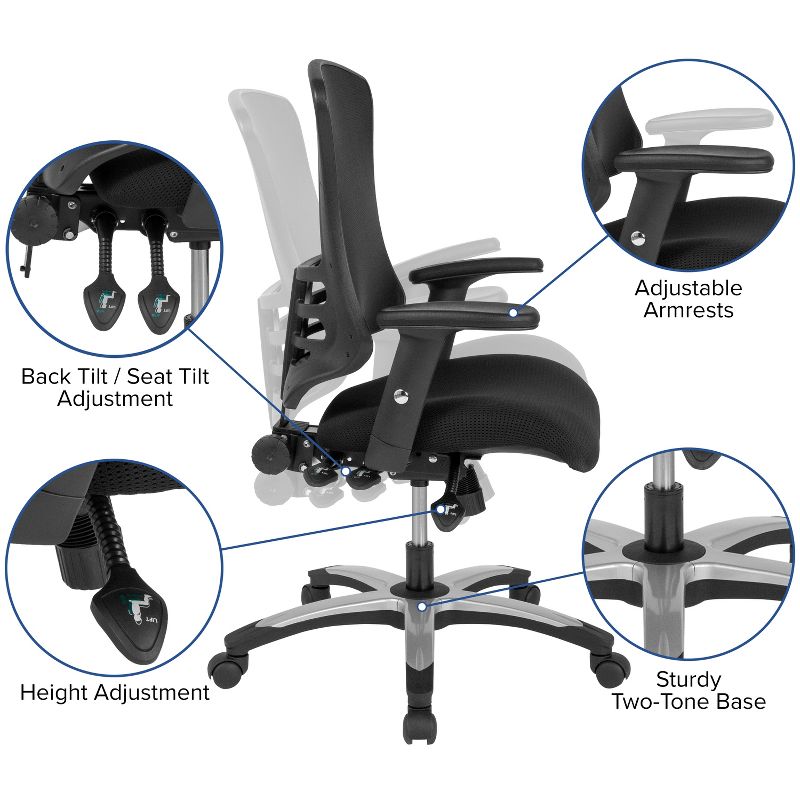 Flash Furniture High Back Black Mesh Multifunction Executive Swivel Ergonomic Office Chair with Molded Foam Seat and Adjustable Arms, 3 of 11