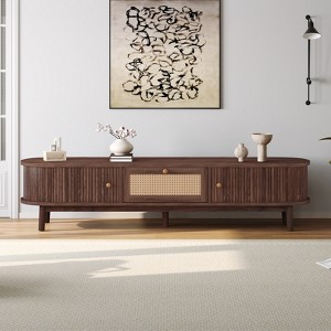 TIRAMISUBEST Mid Century Modern TV Stand 80 Inch Rattan Sliding Doors Drawers Solid Wood Legs Waterproof Storage Living Room Bedroom - 1 of 4