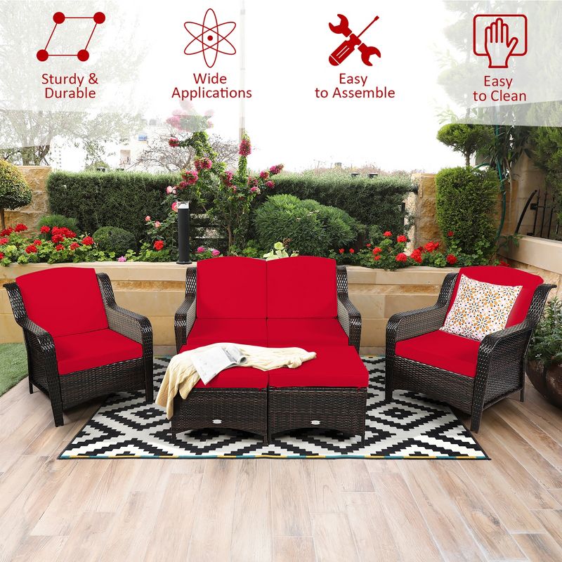 Costway 5PCS Patio Rattan Furniture Set Loveseat Sofa Ottoman W/Red\White Cushion, 5 of 11
