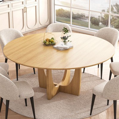 PexFix 59" x 59" Solid Wood Farmhouse Dining Table Round Wood Top with Arched Cross Legs for Modern Dining Rooms & Family Gatherings Natural