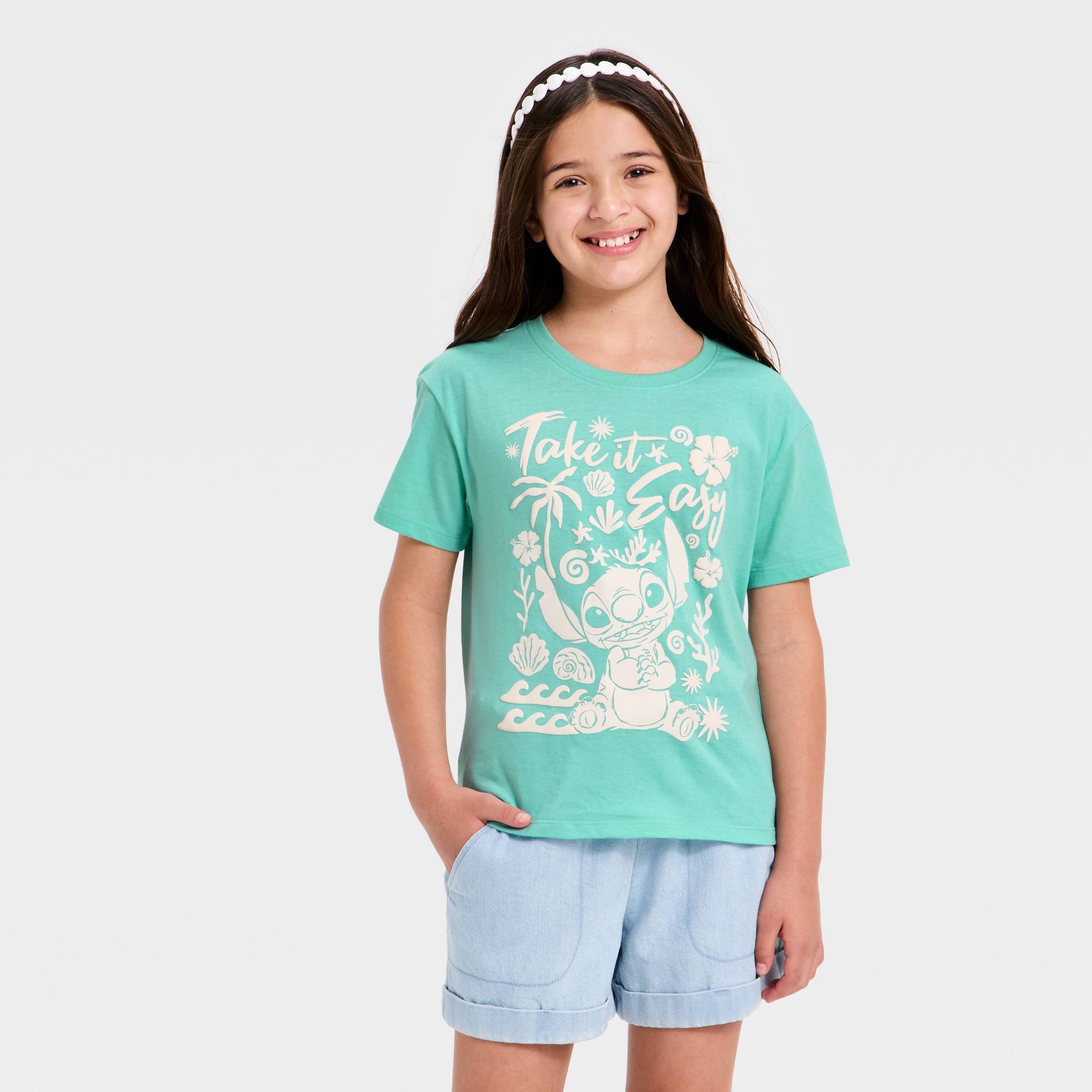 Girls' Disney Lilo & Stitch Short Sleeve Graphic T-Shirt - Aqua Green M