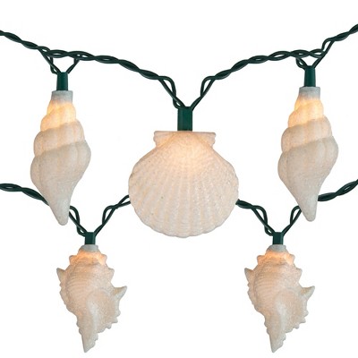 Kurt S. Adler Set of 10 White Glittered Seashell Novelty Christmas Lights - 8.5 ft Green Wire