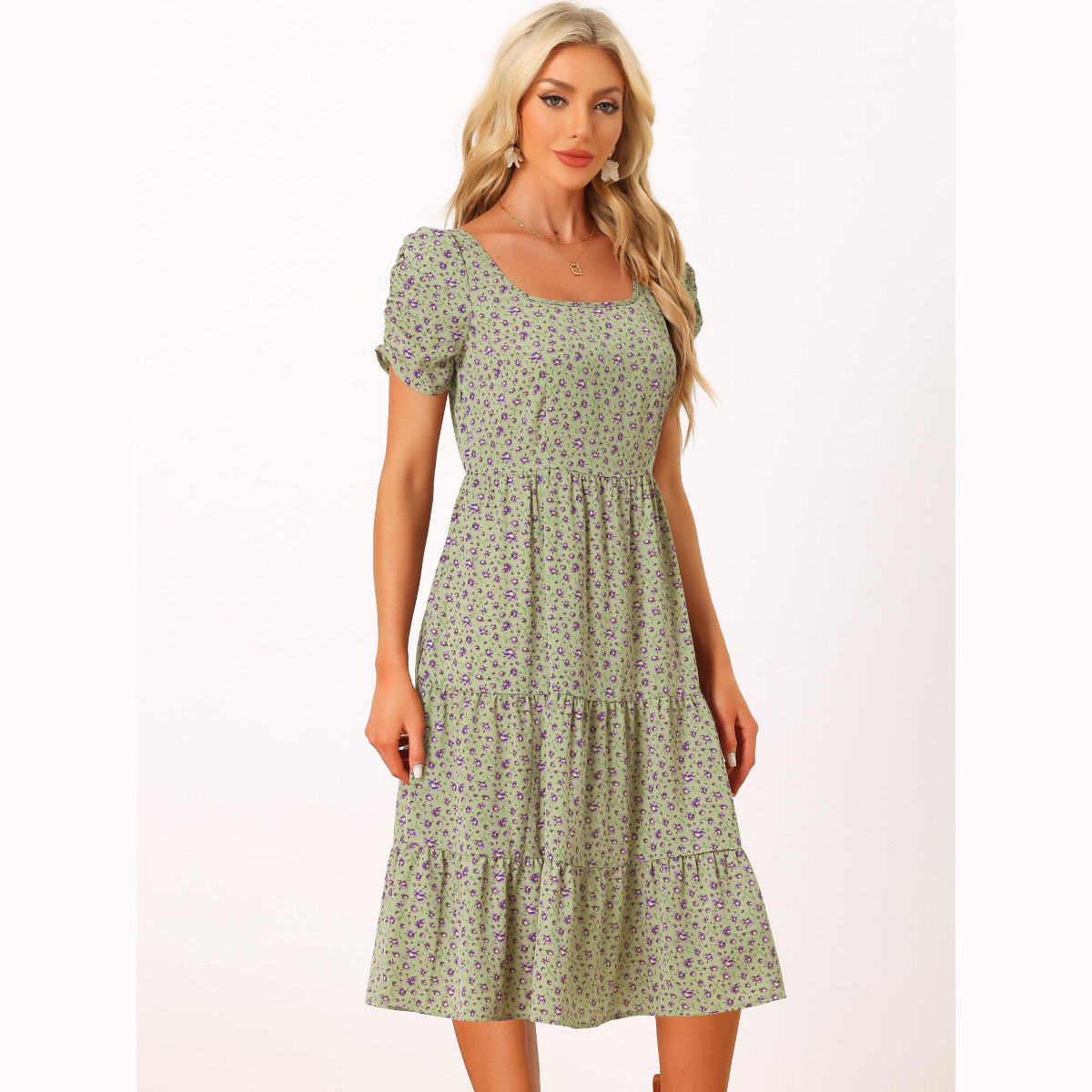 Женские платья Allegra K Women's Floral Dresses Square Neck Puff Short Sleeves Tiered Ruffled Hem Dress Green Purple Large — фото 2