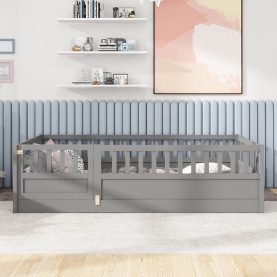 Canopy Floor Bed for Kids, Safe Montessori Bed with Guardrails, Four Poster Design Bed with Pine Wood Finish-Baofuwish