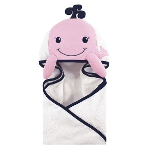 Hudson Baby Infant Girl Cotton Animal Face Hooded Towel, Girl Whale, One Size - 1 of 1