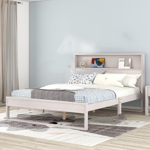 Queen Size Platform Bed, Wood Bed Frame With Storage Headboard, Sockets, USB Ports, Load Bearing Up To 400LBS, No Box Spring Required - 1 of 4
