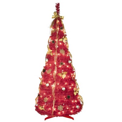 SEVOBAL Artificial Trees 6-Foot Pop-Up Christmas Tree with Pre-Decorated Ornaments for Home Decor, Red, 31.5"*30"*72"