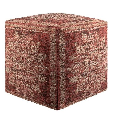 Livabliss Lendon 18"H x 18"W x 18"D Traditional Red Pouf: Square Polyester Classic Pattern Unupholstered
