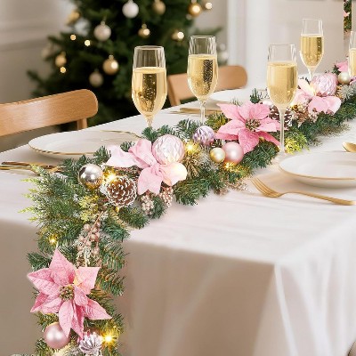 GAOMON 6ft Pink Christmas Garland with 20 LED Lights, Prelit Xmas Garland for Mantle with Timer Poinsettia Flowers