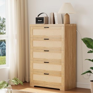 5 Drawer Rattan Dresser for Bedroom with Power Outlets - 1 of 4