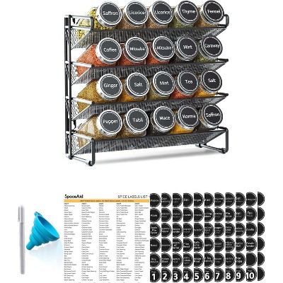 Attop Spice Rack Organizer (Black) – 20 Spice Jars, 386 Labels, Chalk Marker & Funnel, 9.8"W×10.8"H (Cabinet/Countertop/Wall Mount)