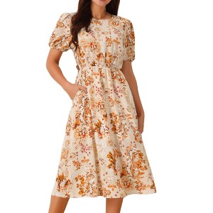 Seta T Women's Summer Casual Floral Puff Sleeve Round Neck Cutout Waist Boho Midi Dress - 1 of 4