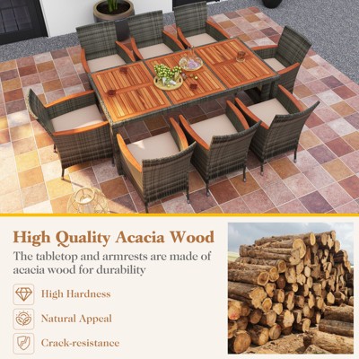9-Piece Acacia Wood and Rattan Outdoor Dining Set with Cushions