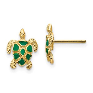 Black Bow Jewelry Small Green Enameled Sea Turtle Post Earrings in 14k Yellow Gold - 1 of 4