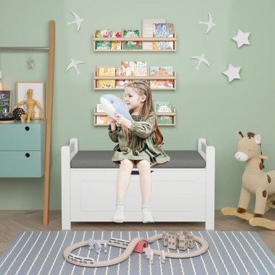 Lycvki White Rubber Wood Kids Toy Chest Benches with Cushion and Flip-Top Lid