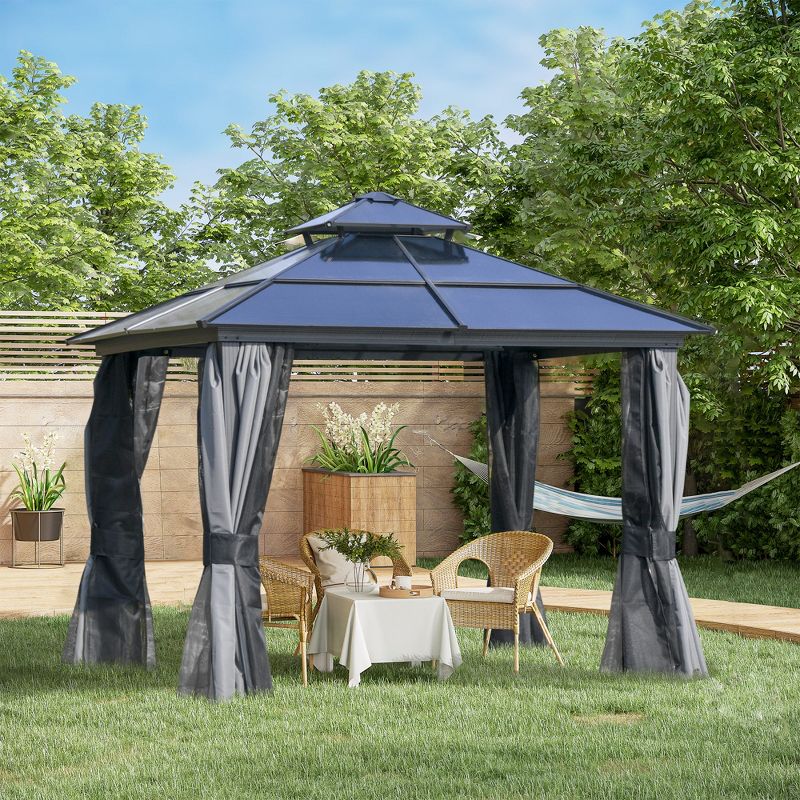 Outsunny Hardtop Gazebo Outdoor Polycarbonate Canopy Aluminum Frame Pergola with Double Vented Roof, Netting & Curtains for Garden, 3 of 9
