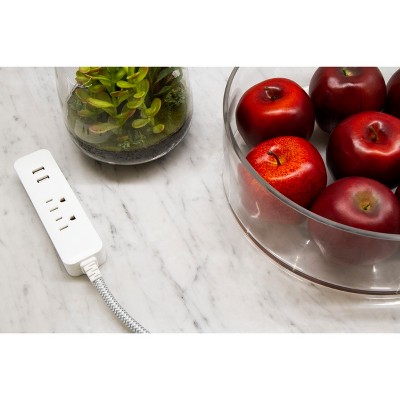 Cordinate 4&#39; 2 Outlet 2 USB 2.4A Extension Cord Braided Gray/White_3