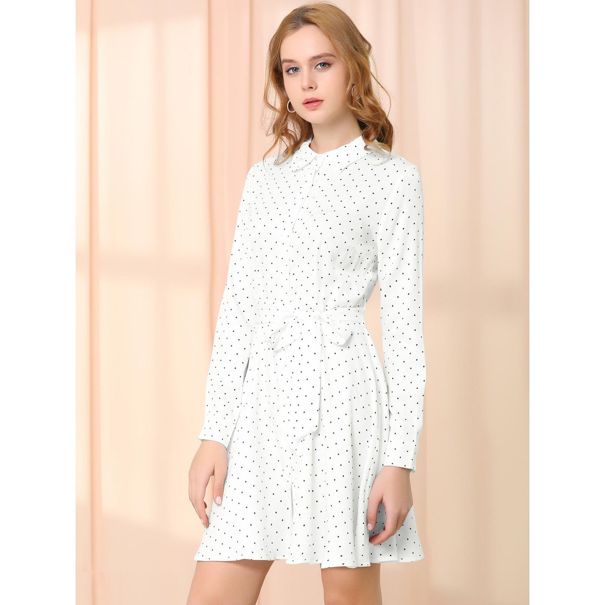 Женские платья INSPIRE CHIC Women's Polka Dots Long Sleeve Button Up A-Line Shirt Dress Large White — фото 3