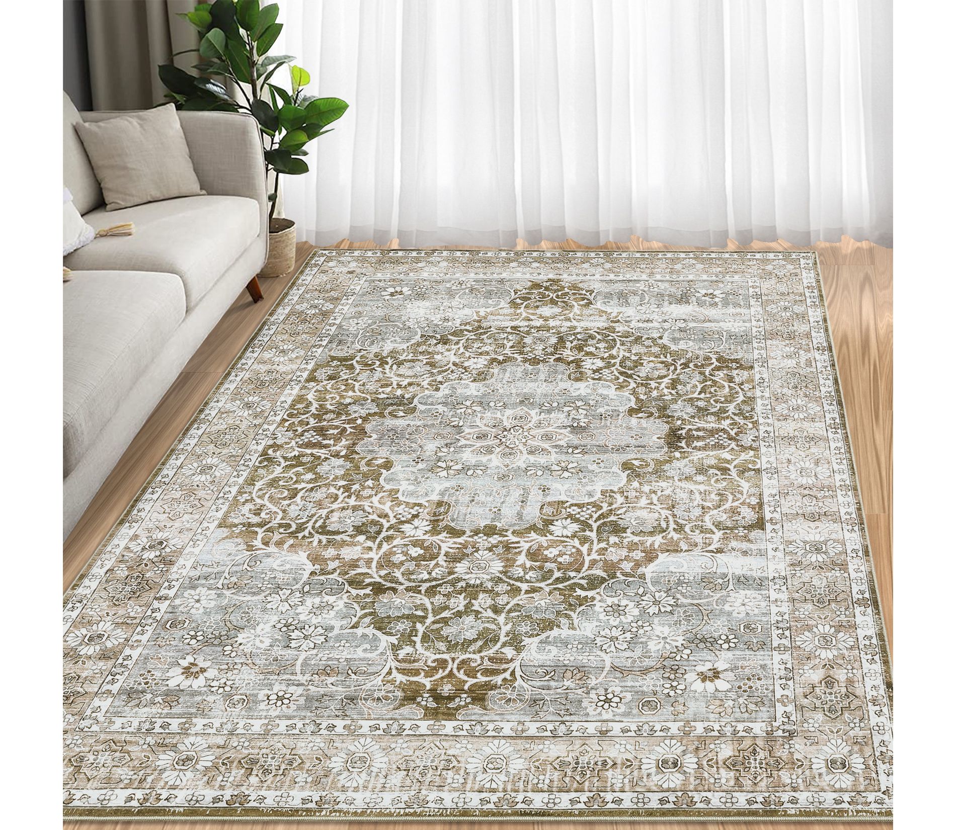 Vintage Floral Area Rugs for Living Room Bedroom Machine Washable Non-Slip Area Rug, 5'x7'