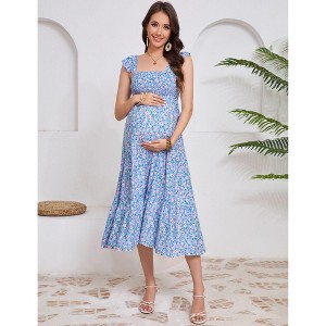 Clearlove Women Maternity Floral Dress Summer Sleeveless Ruffle Square Neck Dress - 1 of 4
