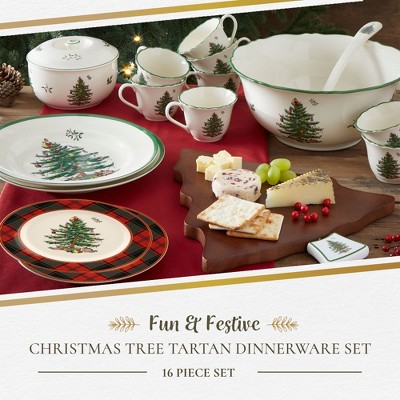 Spode Christmas Tree Tartan Porcelain 16-Piece Dinnerware Set