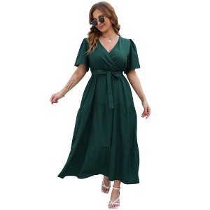 BLUEMING Plus Size Womens Dresses Floral Surplice A-Line Maxi Dress Waist Belted Floral Maxi Dress Wasit Tie Bell Sleeve Dress - 1 of 4