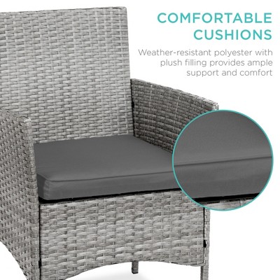 Gray Wicker 3-Piece Outdoor Bistro Set with Cushions and Glass Tabletop