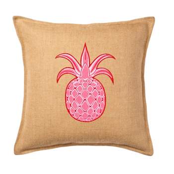 Kensington Garden 20"x20" Oversize Pineapple Applique Burlap Pillow Front Panel Interior Cotton Lined Pink