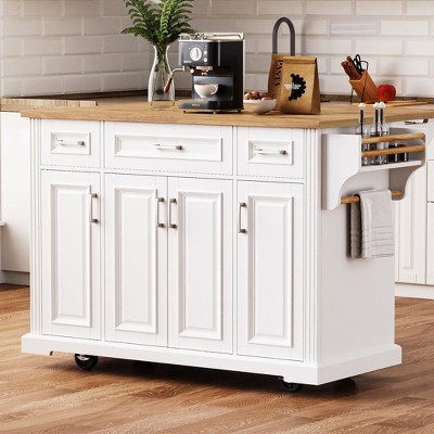 54" Embossed Texture Rolling Large Kitchen Island on 4 Wheels, with Storage, 4 Doors & 3 Drawers, for Kitchen, Dining Room