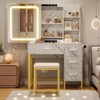 Modern Marble White Vanity Desk, Small Make Up Vanity Table with Lighted Mirror, Charging Station, Drawers, Open Shelves & Stool, Compact Dressing - 3 of 4