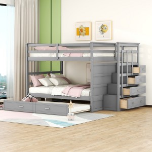 NicBex Full over Full Bunk Bed Triple Wood Bed Frame with Wheels, Storage Stairs and Full Length Guardrail, No Box Spring Required - 1 of 4