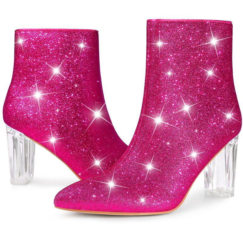 Perphy Women's Sparkly Glitter Upper Side Zipper Clear Block Heels Ankle Booties, 2 of 7