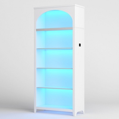 Vlrska 5-Tier Arch Wood Bookcase with Motion LED Lights – Rustic Farmhouse Display for Home, Office, or Library.