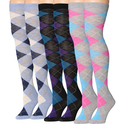 Isadora Paccini Womens 3 Pairs Harmonious Argyle Medley Solid Colors Pattern Over The Knee High Socks