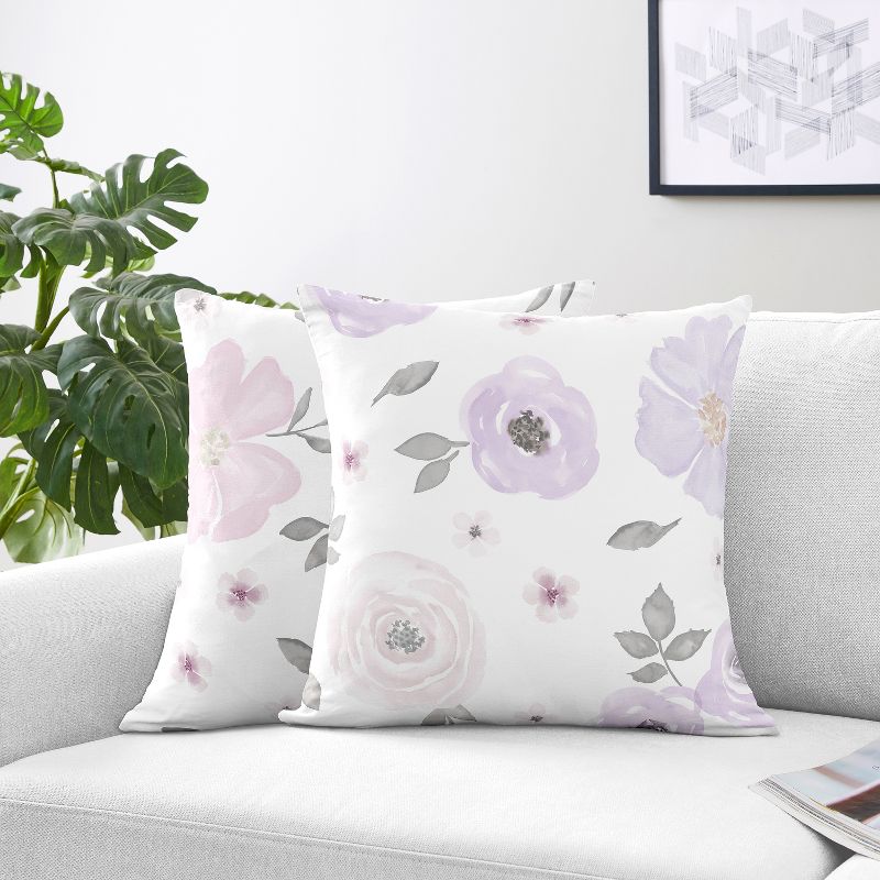 Sweet Jojo Designs Set of 2 Decorative Accent Kids' Throw Pillows 18in. Watercolor Floral Purple Pink and Grey, 3 of 6