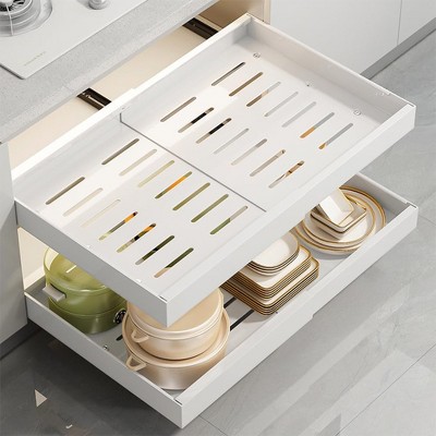 TruAIR Pull-Out Cabinet Organizer ¨C No-Drill Adhesive Install (white 43.5-68cm, Heavy-Duty Carbon Steel, 3-Slide Rails for Kitchen Storage) — фото 5