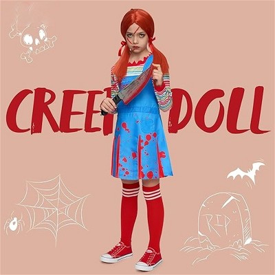 Joyfy Halloween Creepy Doll Costume for Kids Girls, Killer Doll Outfit with Top& Dress& Socks for Halloween Cosplay Dress Up Party, L