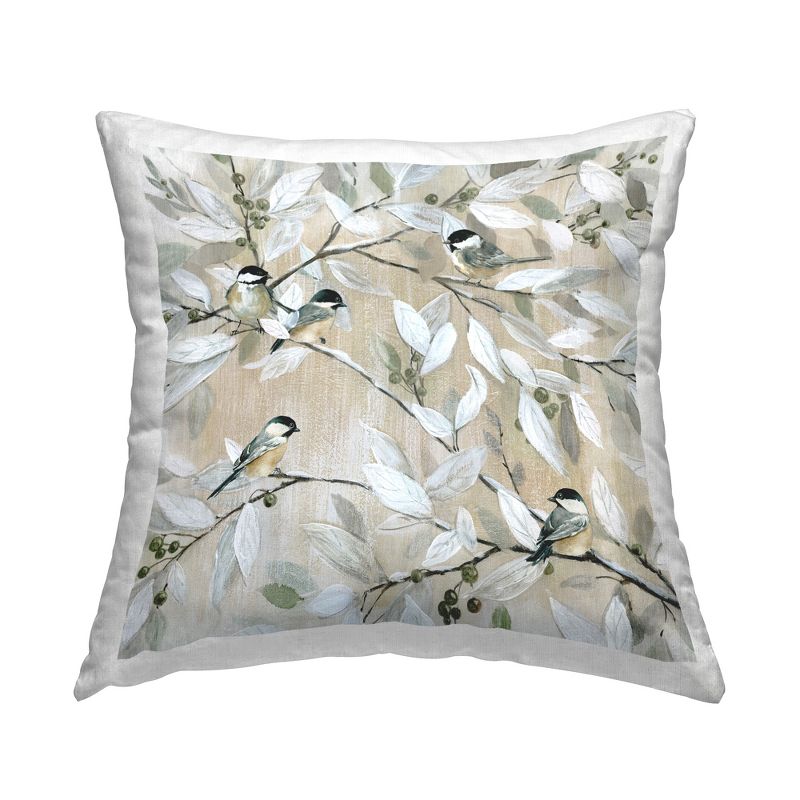 Stupell Industries Chickadee Birds on Tree Branches Soft Berry Fruits Printed Pillow, 18 x 18, 1 of 3
