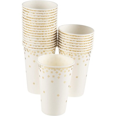 Gold Foil Confetti Design White Disposable Paper Cups, 12 Ounce, 50 Pack