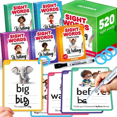 QUOKKA 520 Sight Words Flash Cards for Kids – 5 Levels from Pre-K to 3rd Grade – Bold Font & Jumbo Size & Dry Erase Color-Coded Cards with Rings