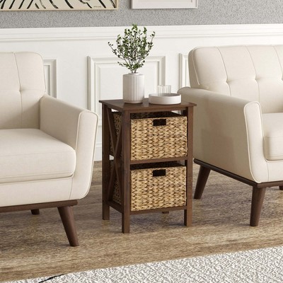 Walnut and Natural Rubber Wood Nightstands with Seagrass Baskets, Set of 2